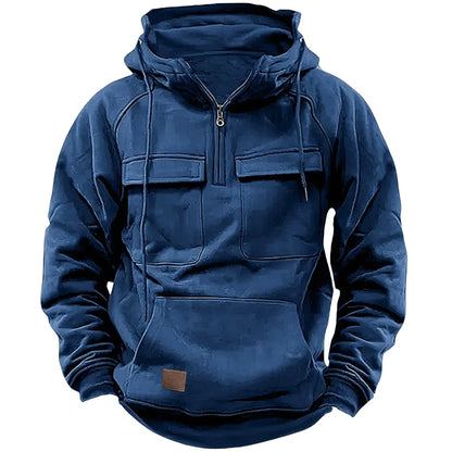 Men's Casual Sports Hooded Sweatshirt New Style Outdoor Thick Fashionable Loose Long-Sleeved Pullover with Multiple Pockets