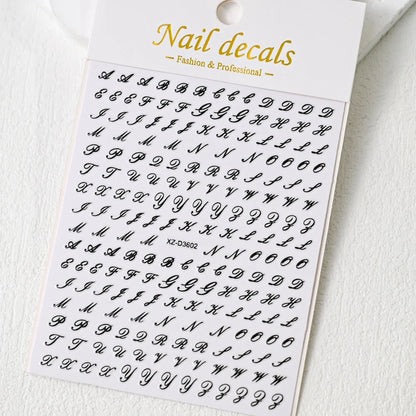 1Pc 3D Roman Letter Nail Stickers Gold/Silver/Black/Laser Alphabet Self Adhesive Decal Y2K English Words/Number Manicure Sliders