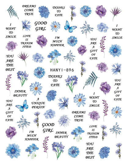 3d Nail Art Decals Spring Booming Violets Lavenders Purple Blue Pink Flowers Butterflys Stickers Decoration For Nail Tips Beauty