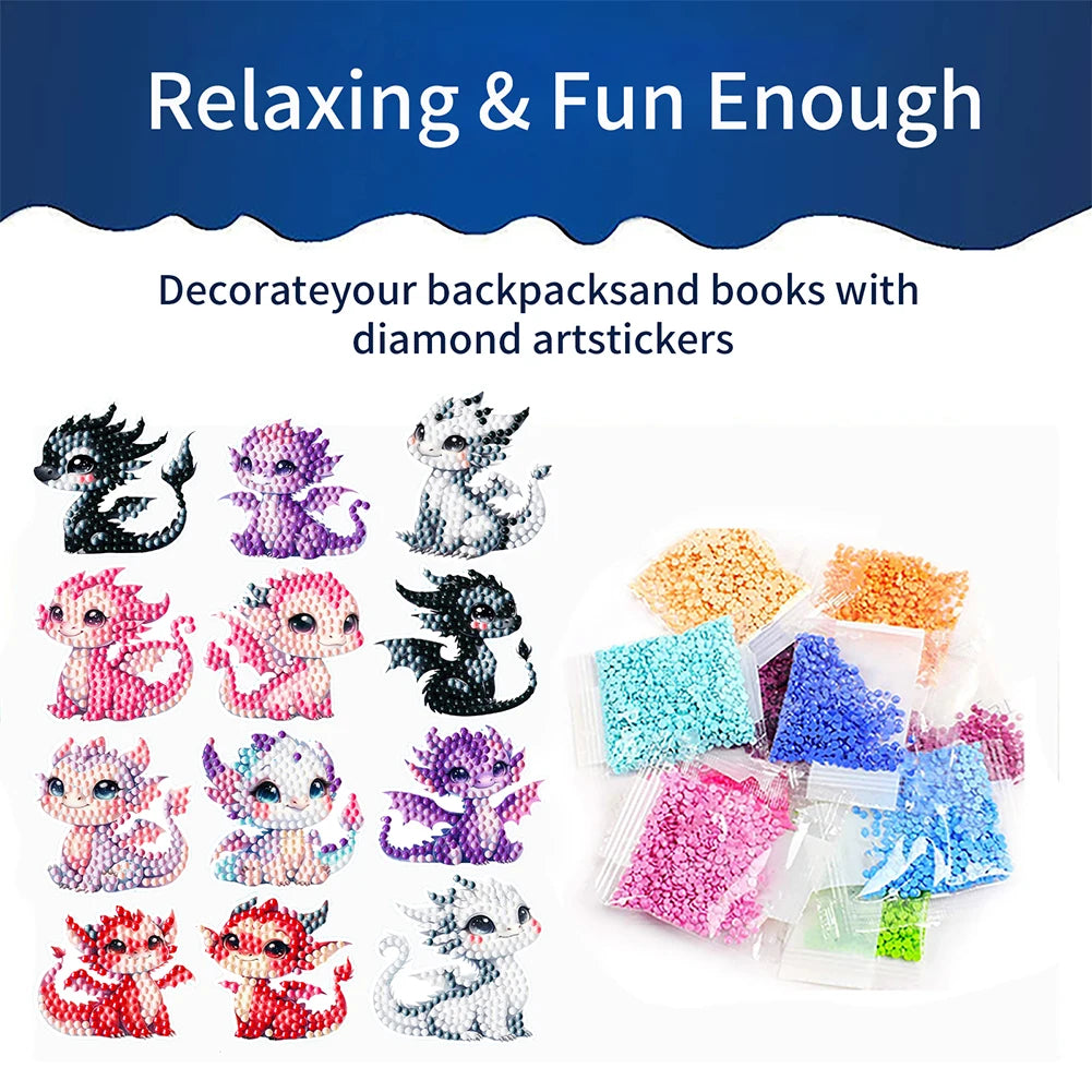 12Pcs Dragon Diamond Painting Sticker Cartoon Dragon Gem Sticker DIY Creative Mosaic Sticker Craft for Kids and Adult Beginners