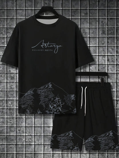 Summer Gradient Color Athletic T-Shirt and Shorts Set Stylish Men's Quick-Dry Athletic Short-Sleeve Top with Drawstring Shorts