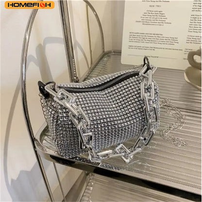 HOMEFISH Sparkling Rhinestone Bucket Bag, Chain Decor Party Clutch Purse, Female Mini Crossbody Bag