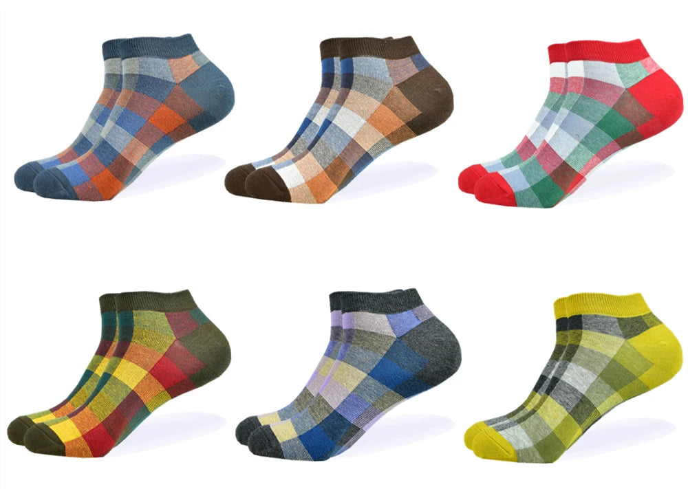 6 Pairs Men Novelty Fashion Colorful Casual Ankle Short Socks Harajuku Grid Space Cotton Happy Funny  Men Women Socks