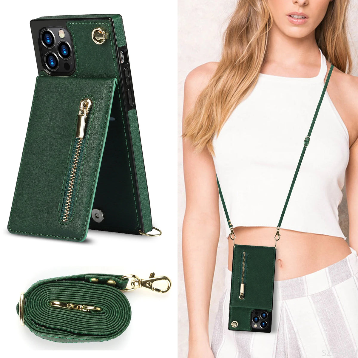Zipper Wallet for IPhone 17 Air 16 16E 15 14 13 12 11 Pro Max Plus Case with Card Holder Lanyard Strap Crossbody Leather Cover