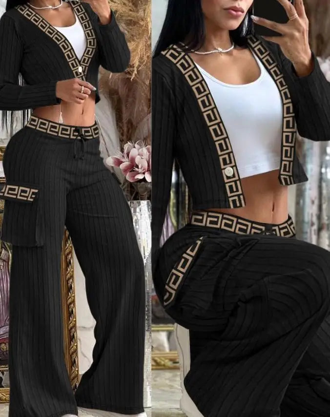 Autumn Fashionable And Elegant Solid Color Women's Suit Long-sleeved V-neck Short Coat Pocket Wide-leg Drawstring Trousers Suit