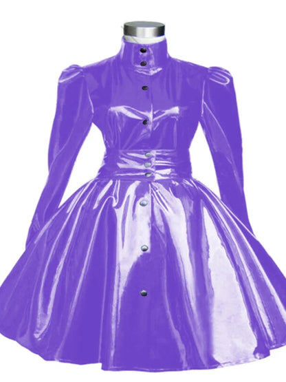 Plus Size Sweet Girl Mini Dress PVC Leather High Neck Button Pleated  A-line Dress Preppy Style Back Zipper Long Sleeve Dress