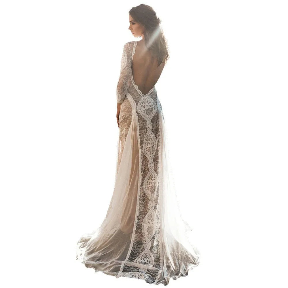 Foreign Style Evening Dress Woman's Sexy Lace Patchwork Backless Wedding Dresses Ladies Elegant Long Sleeves Party Prom Vestidos