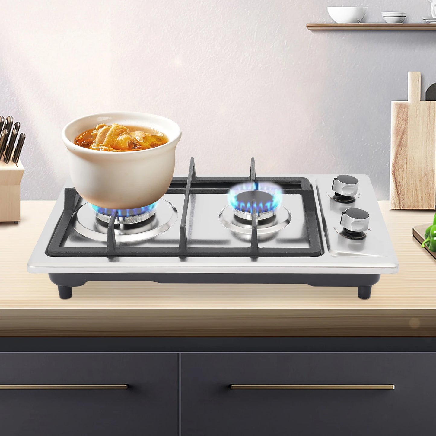 2-Burner Stainless Steel Gas Hob 3KW+1.75KW Portable Gas Stove Countertop/Flush Mounted 51*31*10cm