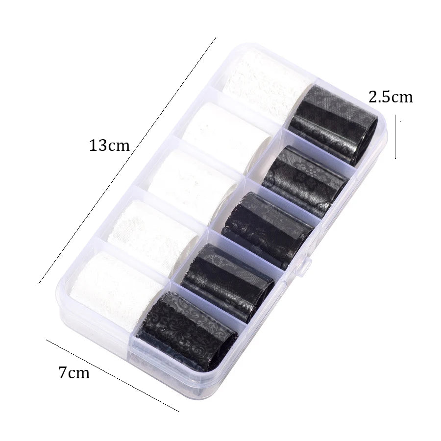 10 Rolls 2.5*60cm New Black White Lace Transfer Foil Nail Art Sexy Full Wraps Flower Glue Adhesive DIY Manicure Styling Tools