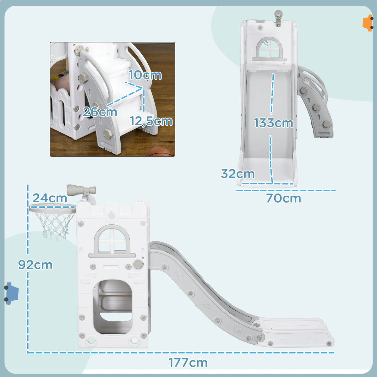Children's Slide, 5 in 1, Toddler Slide with Basketball Hoop, Telescopic Climbing Frame Gray 70 X 177 X 92 cm, Children's Toy Slide, Toy Slide, Outdoor Slide