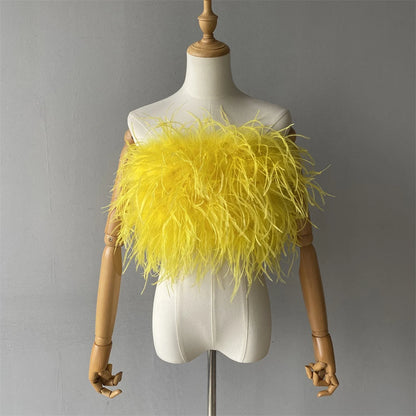 Jaxmonoy New Women Ostrich Feather Tube Spring Summer Sexy Stretch Top Bra Lady Party Wedding Fashion Sleeveless Cropped Top
