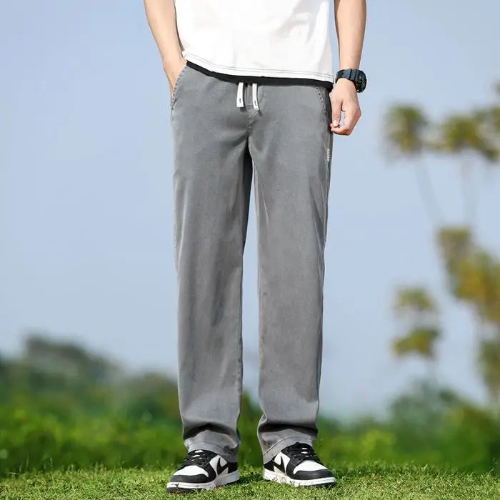 Men's Summer Soft Lyocell Fabric Jeans Thin Loose Straight Denim Pants Drawstring Elastic Waist Casual Trousers Plus Size M-5XL