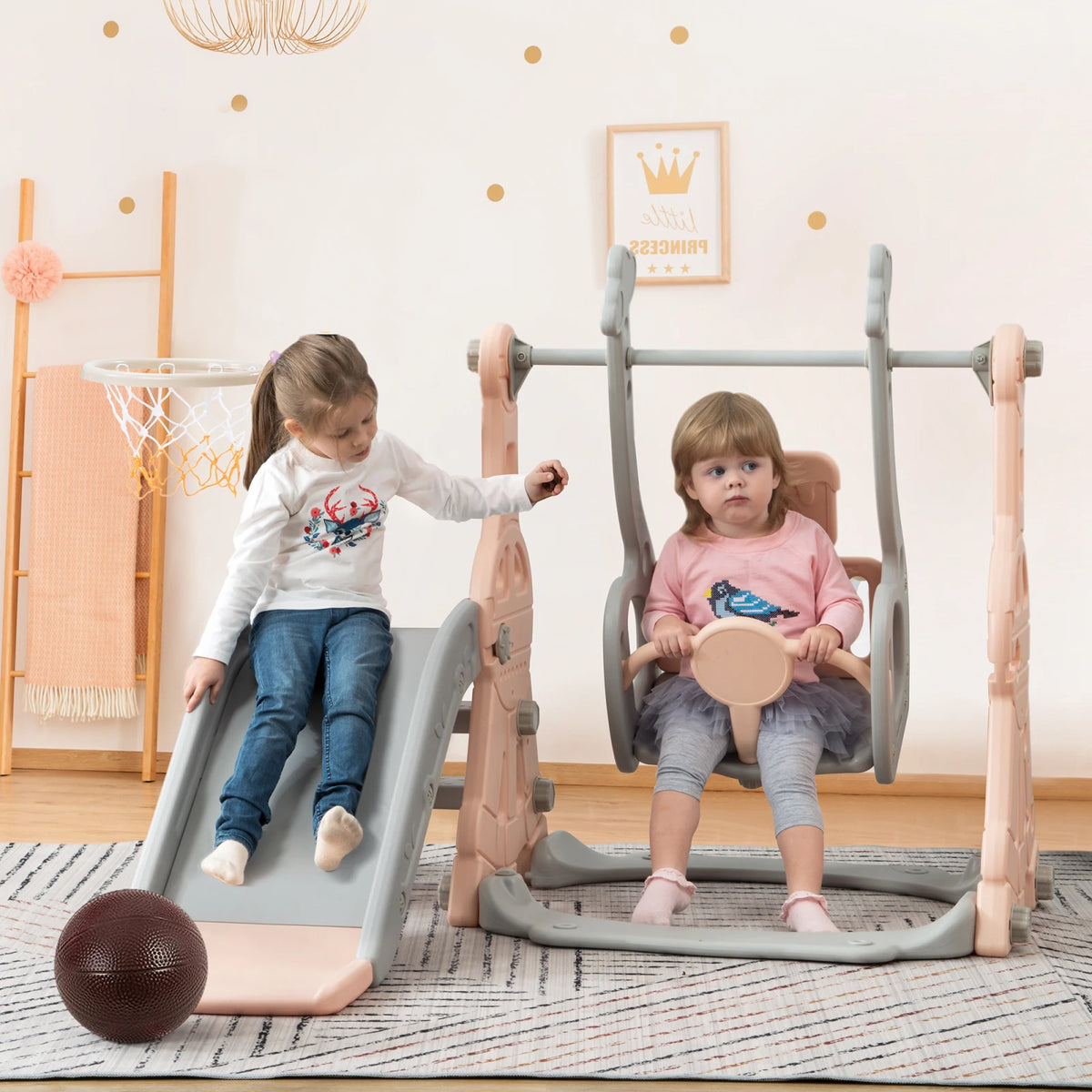 Kids 4 in 1 Slide Garden Shed and Slides Kids with Basket Slide for Children Indoor Outdoor with Slide and Swing,Pink
