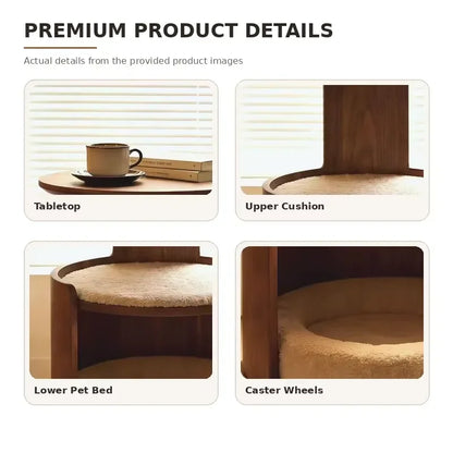 Wooden Pet Side Table Bed Combo with Removable Plush Cushion Smooth Rolling Casters for Cats Small Dogs Home Furniture