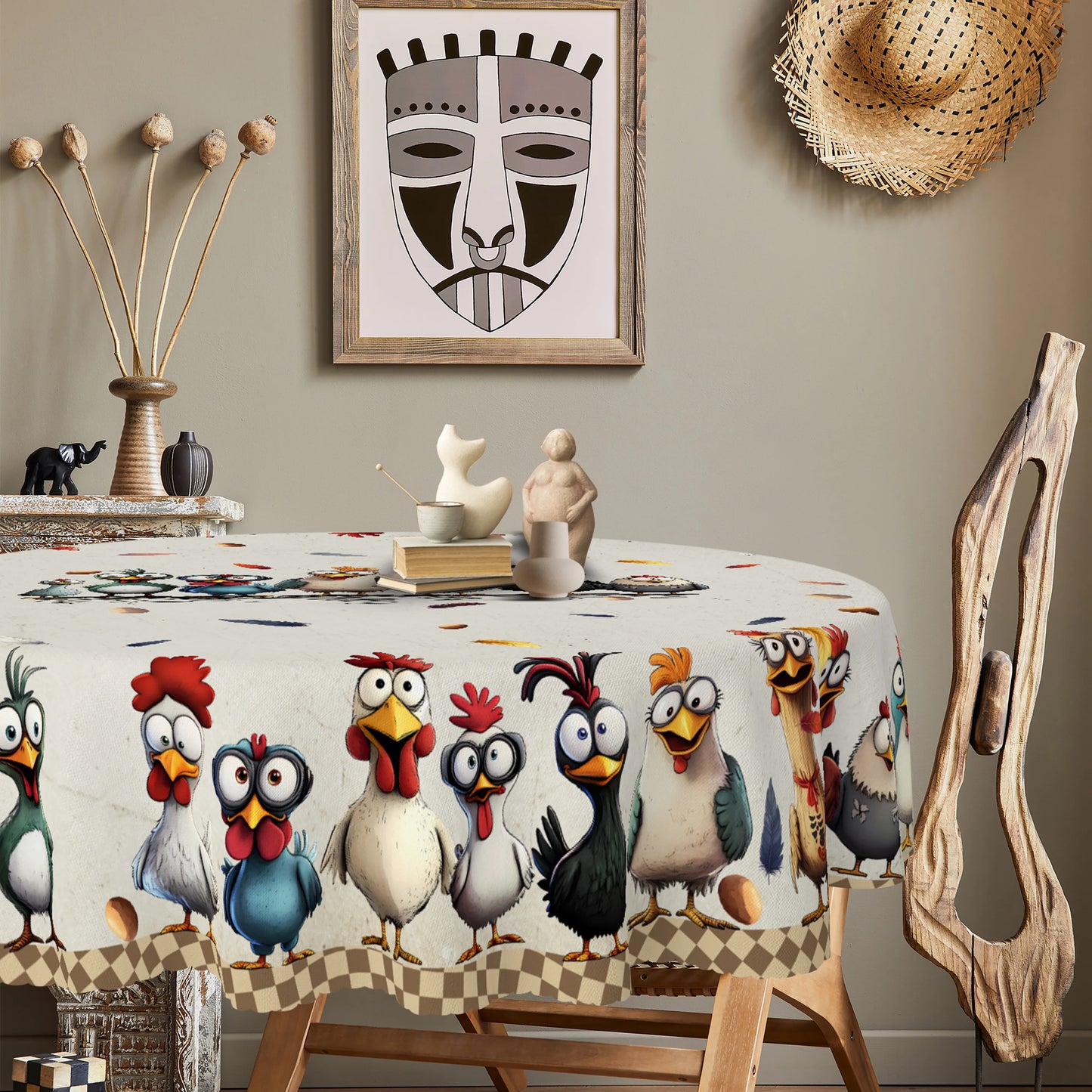Cute Crazy Chicken Polyester Tablecloth, Featuring Various Adorable Chicken Patterns in Different Colors, Colorful Feathers, Egg Prints, Embossed Edges, Waterproof, Wrinkle-Resistant, Fade-Resistant, Suitable for Rectangular