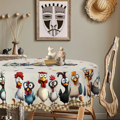 Cute Crazy Chicken Polyester Tablecloth, Featuring Various Adorable Chicken Patterns in Different Colors, Colorful Feathers, Egg Prints, Embossed Edges, Waterproof, Wrinkle-Resistant, Fade-Resistant, Suitable for Rectangular