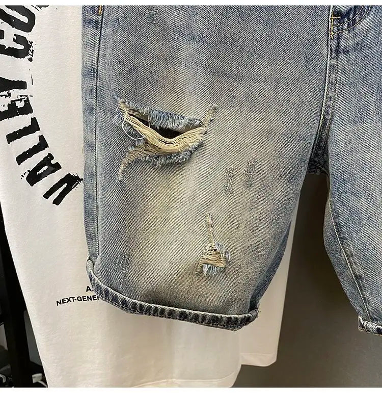 Summer Trendy Brand Handsome Denim Shorts Men's Washed Embroidered Patch Trendy Short Pants Ripped Slim-fit Elastic Middle Pants