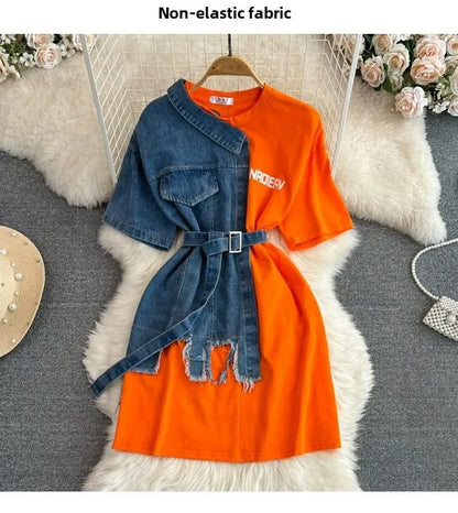 Retro Hong Kong Sle Chic Casual Mid-Length round Ne Patchwork Color Denim irt with Belt Spring New Women's Faion Top