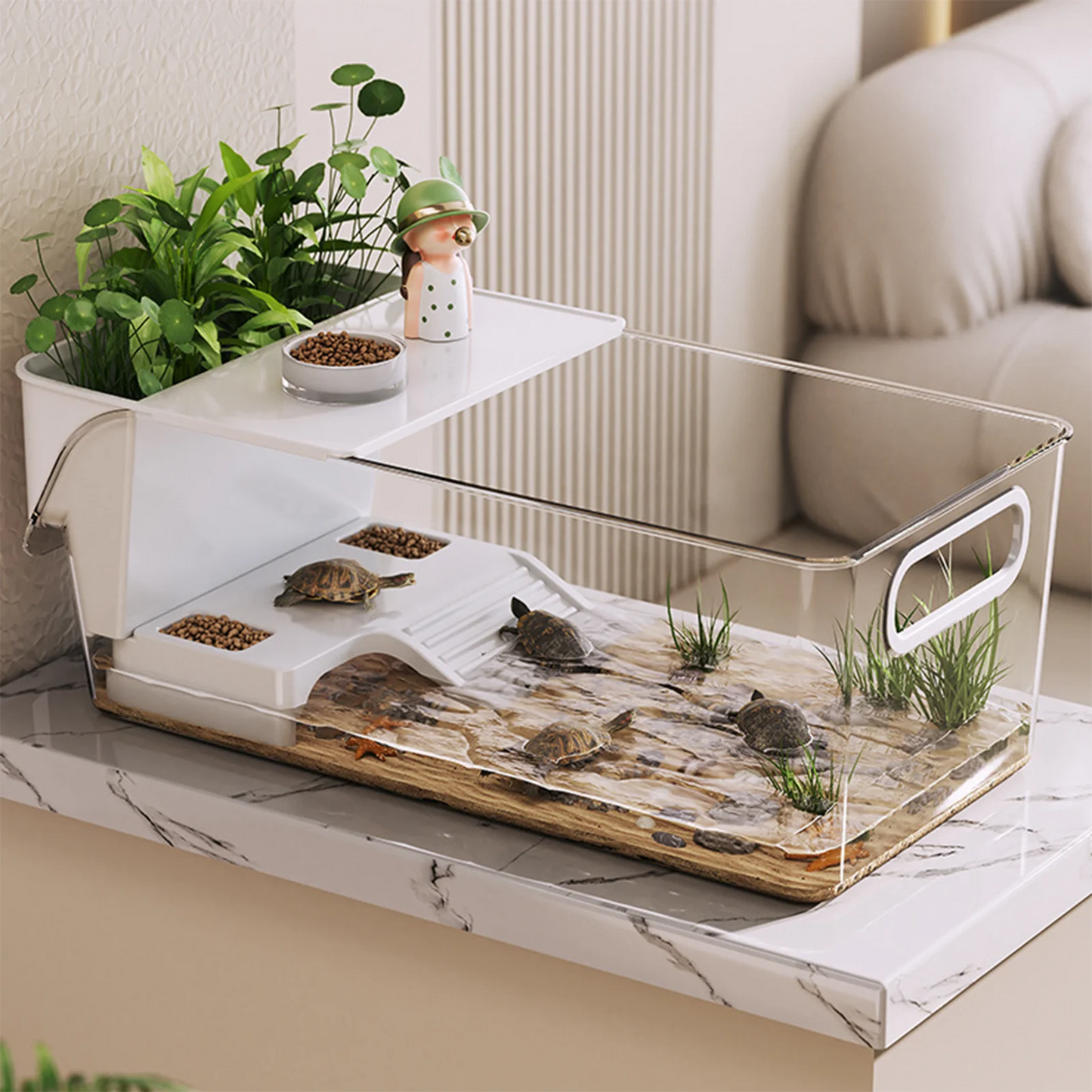 Turtle Tank with Basking Ramp Reptile Habitat Tank Resting Accessories for Amphibians Tortoises Feeding Container
