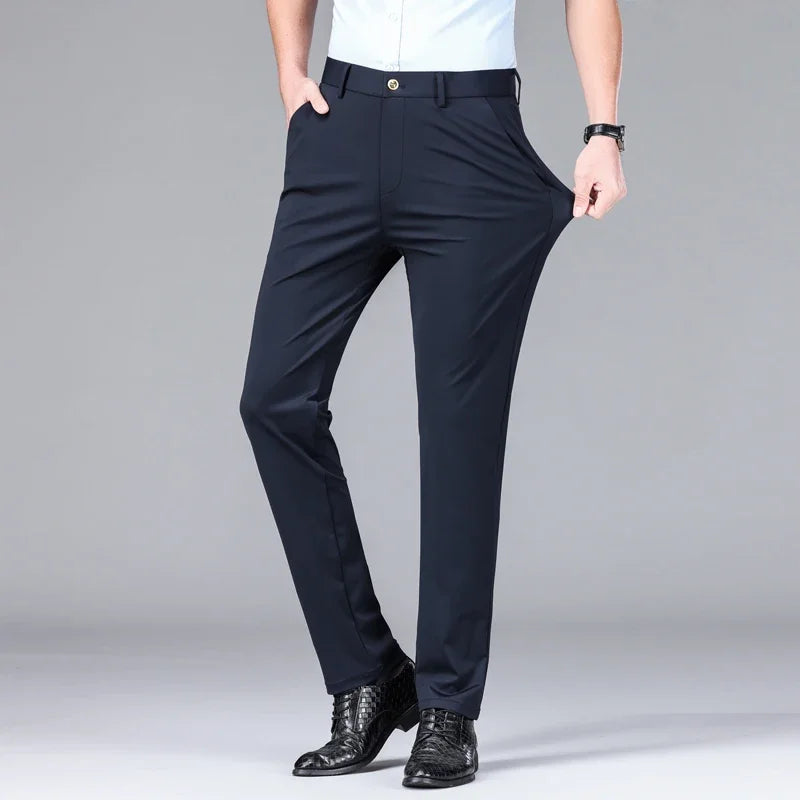 New Summer Men's Ice Silk High Stretch Business Suit Pants Male Army Green Blue Elastic Formal Office Straight Formal Trousers
