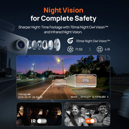70mai 3-Channel Dash Cam T800E 4K HDR F1.55 Aperture Supercapacitor Voice Control GPS Car DVR 70mai T800E WiFi 6 5GHz