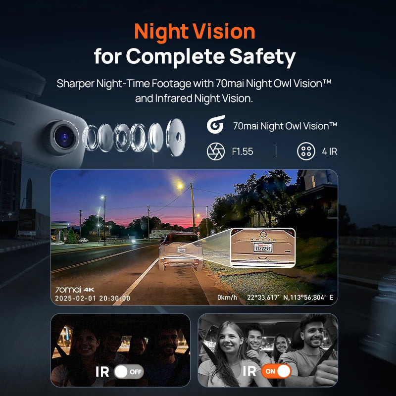 70Mai T800E 3-Channel Dash Cam Front 4K + Rear 1080P + Interior 1080P Hdr Supercapacitor 24H Parking Gps Voice Control Wi-Fi6