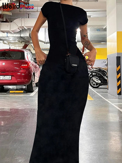Weird Puss Backless Sexy Women Maxi Dress Short Sleeve Slim Fit Elastic Casual Solid Streetwear Club Party Ladies Summer Bodycon
