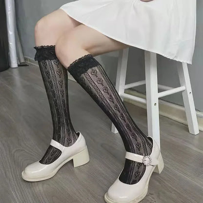 Women Sexy Floral Print Mesh Stockings Knee High Socks Soft Nylon Elastic Fishnet Fashion Long Leg Socks Designer Sheer Socks