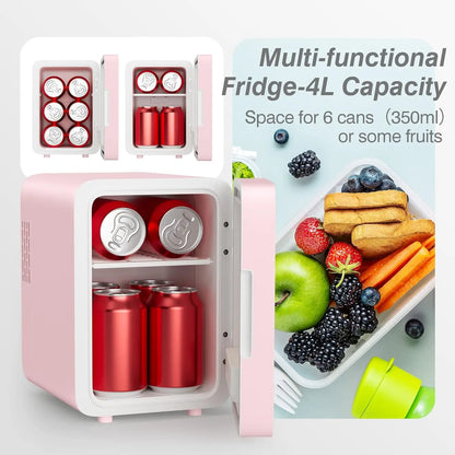 Skincare Fridge With Dimmable LED Light Mirror 4L Makeup Mini Fridge for Bedroom, Car, Office Portable Small Refrigerator
