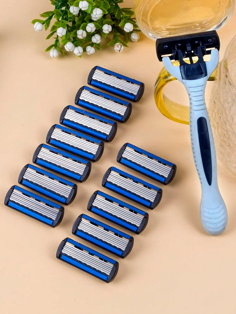 1 Handle + 12 / 17 Blades/ Men Women Manual Safety razor 6-Layer Stainless Steel Hair Removal Shaving Replaceable Shaver Head