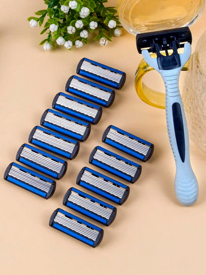 1 Handle + 12 / 17 Blades/ Men Women Manual Safety razor 6-Layer Stainless Steel Hair Removal Shaving Replaceable Shaver Head