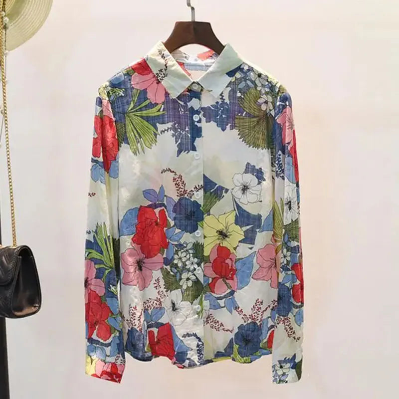 Blue Floral Print Vintage Polo-Neck Single Breasted Long Sleeve Women's Blouse Shirt Casual Female Clothing Tops Fashion 2024