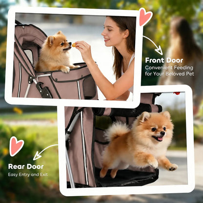Dog Stroller Foldable Pet Stroller with Adjustable Canopy, Breathable Mesh Windows, Storage Basket, Cup Holder and Rear Brake, Lightweight Travel Carrier Pushchair for Small Dogs, Cats and Mini Breeds, Coffee