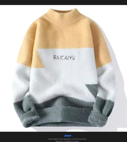 New Men's Plush Sweater Pullovers Korean Winter Warm O Neck Colorblock Sweater High Quality Cool Top Fashionable Men's Clothing