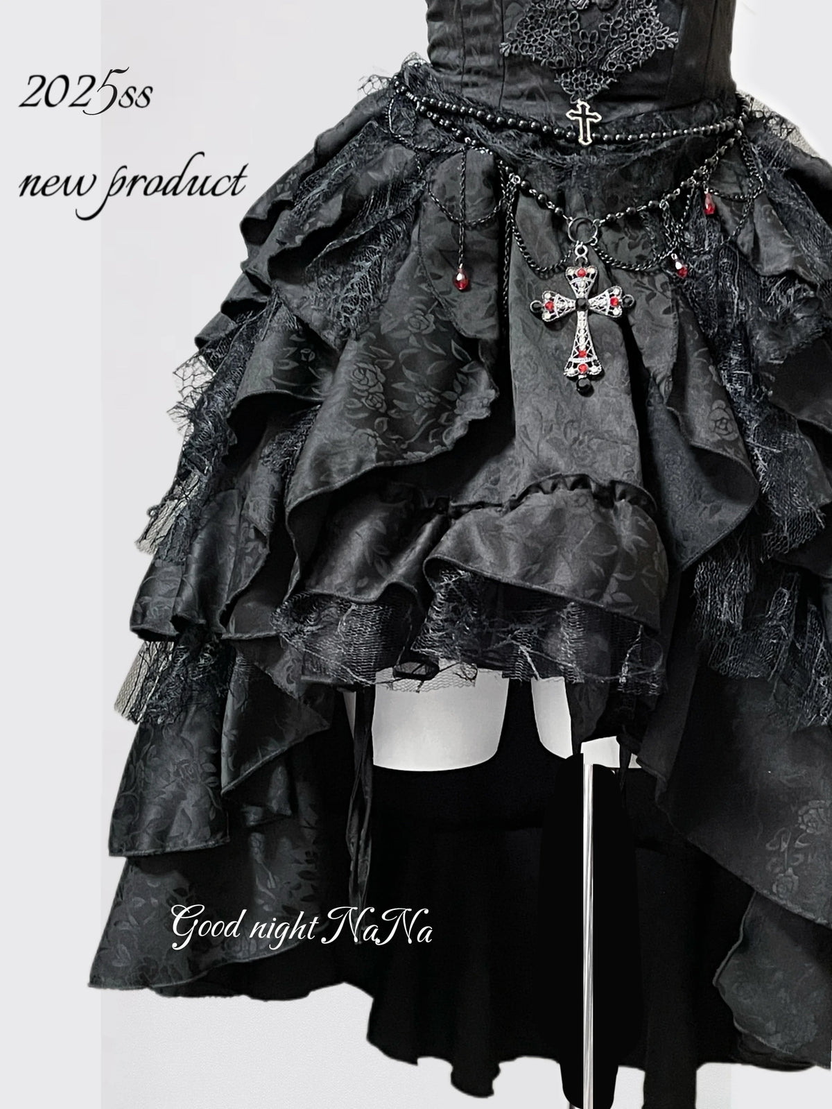 Gothic Dark Black Vintage Lace Blouse Retro Punk Light Lolita Short Sleeves Lace-up Slim Top and Multi Layers Skirt Set 2pcs Set