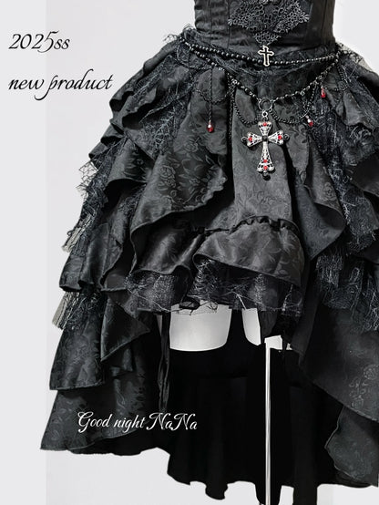 Gothic Dark Black Vintage Lace Blouse Retro Punk Light Lolita Short Sleeves Lace-up Slim Top and Multi Layers Skirt Set 2pcs Set