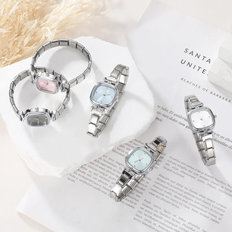 Fashion High Quality Men Women's Stainless Steel Square Round Shiny Zircon Watch Bracelet For Friend Birthday DIY Jewelry Gift