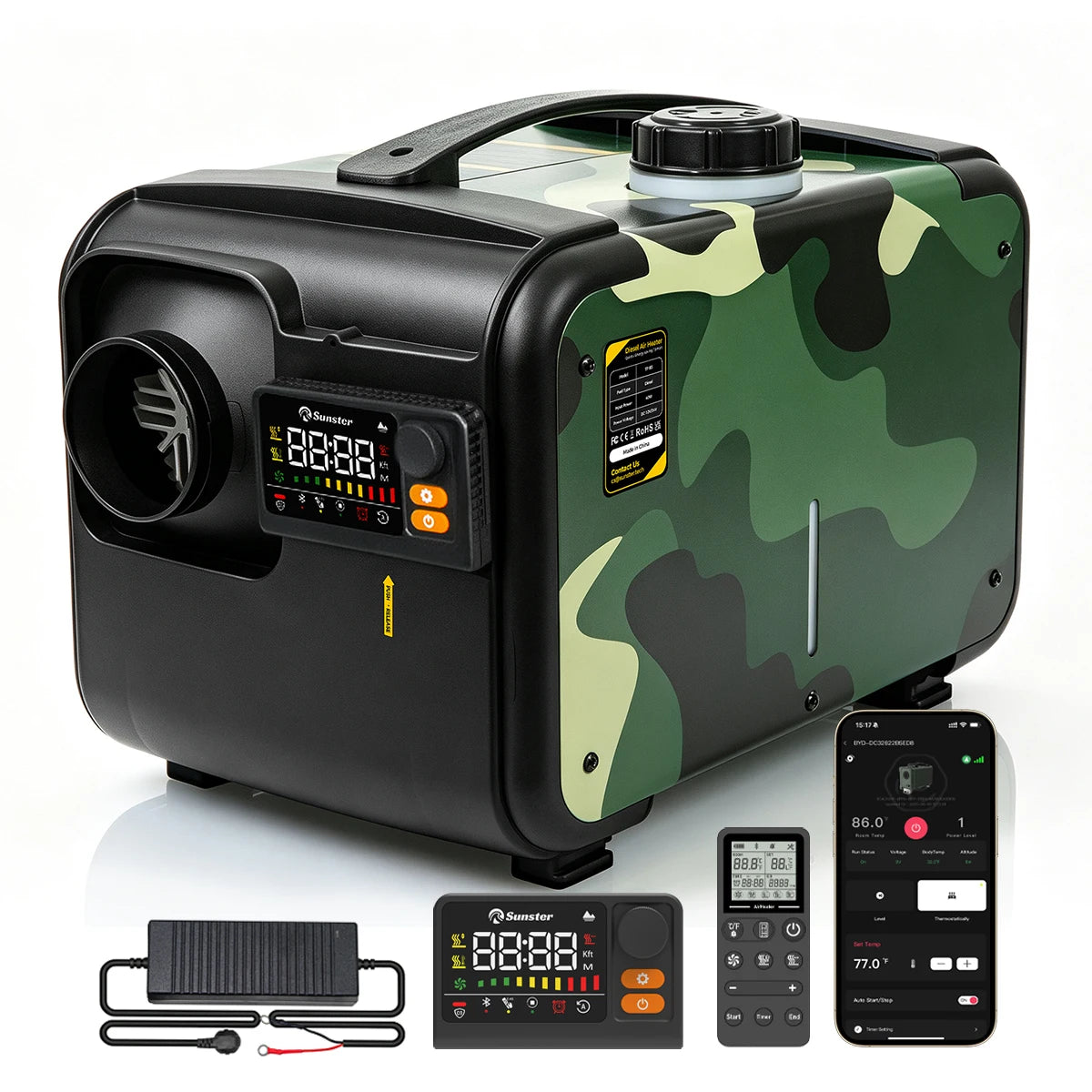 8KW Portable Horizontal Diesel Air Heater 12V Bluetooth LCD Adapter For Car Truck RV Camper Motorhome Campinging Home Heating