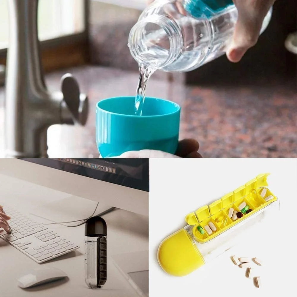 Portable Water Bottle With Built-in Pill Box for Medicines, Vitamins, Perfect for Outdoor, Gym, Fitness, Camping and Traveling