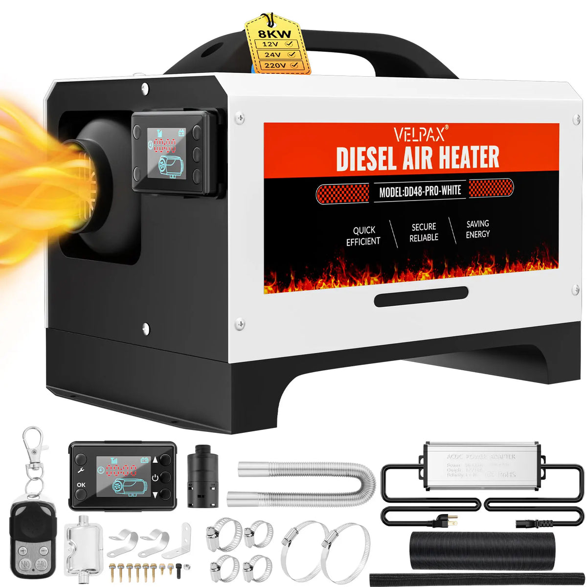 8kW 110V Diesel Heater – Portable Diesel Air Heater with Remote Control, Large LCD Screen, Smart Remote Control, Adjustable Temperature (18–40°C), for RVs, Yachts and Trucks (White)