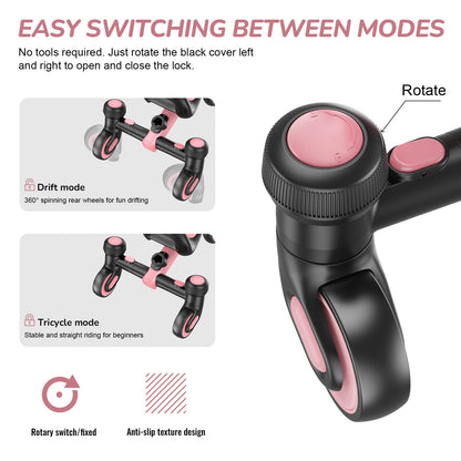 3-IN-1 Toddler Tricycle For 1.5-5 Years Old Drift Trike With 360° Spin Light Up Wheels Adjustable Seat Strong Frame Easy Assembly 3 Ride Modes Toddler Bike For Boys And Girls Indoor Outdoor Use White Pink Black Red