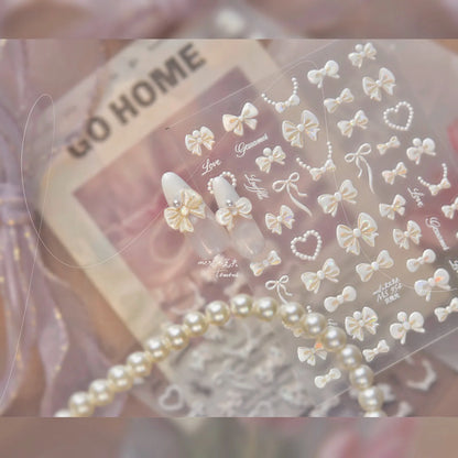 Shell Light Nail Stickers Small Fresh White Bow Ribbon Nail Charms Stickers Self Adhesive Nails 3D Decorations Parts DIY Decals