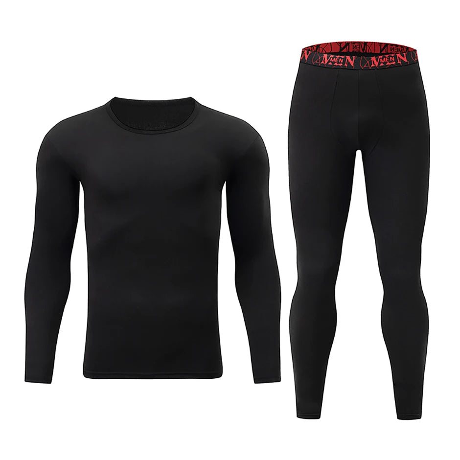 2-piece Men's Autumn And Winter Solid Color Round Neck Fashionable Printed Sports Thermal Underwear Set Simple And Comfortable