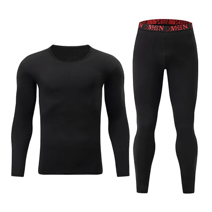 2-piece Men's Autumn And Winter Solid Color Round Neck Fashionable Printed Sports Thermal Underwear Set Simple And Comfortable