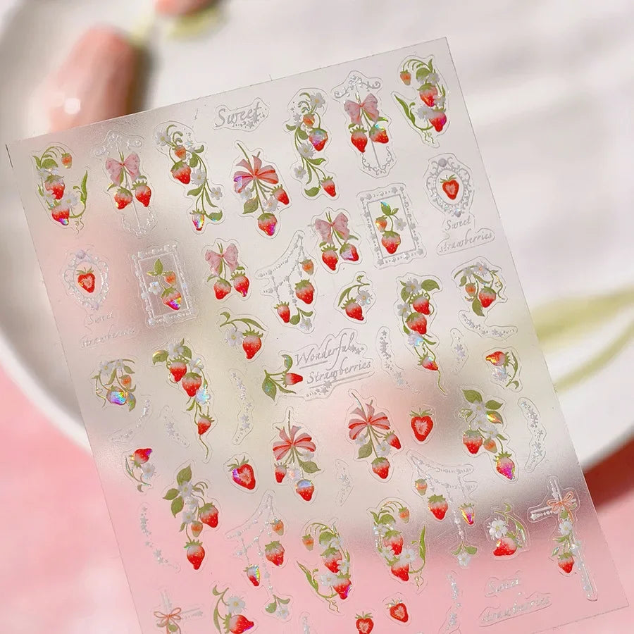 Juicy Red Jelly Tomato Nail Art Sticker Cute Bowknot Glitter Star Kawaii 5D Fruit Self Adhesive Nail Art Decals for Summer DIY