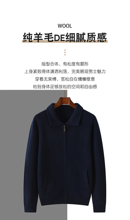Men's 100% Merino Wool Thickened Sweater Polo Collar Business Zippered Cardigan Autumn Winter New Cashmere Jacket Knitted Top
