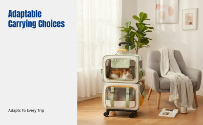 Home Cat Carrier Backpack, Dual-Compartment Pet Trolley, Spacious, Portable, Airline Travel Luggage for Multiple Cats and Dogs