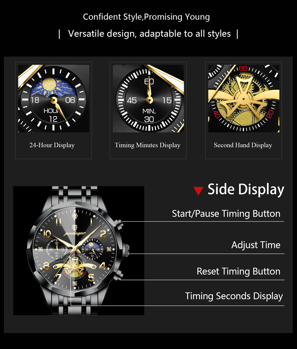 POEDAGAR Luxury High Quality Man Wristwatch Chronograph Stainless Steel Quartz Men's Watches Waterproof Luminous Men Clock Reloj