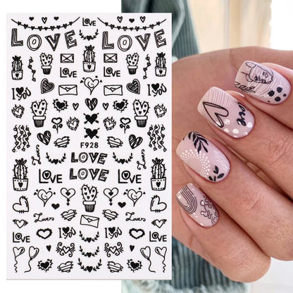 Black and White Love Flowers Line Art 3D Stickers Nail Decals Nail Art Accessories Butterfly Rose Nail Stickers Nail Sliders