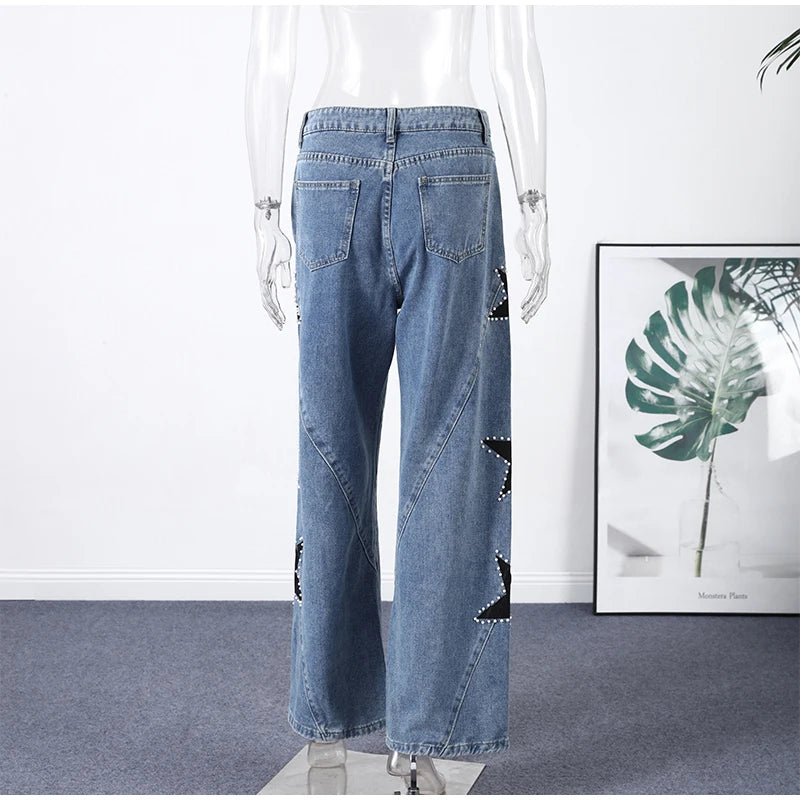 Female Vintage Leather Pocket Jeans Women Blue Zipper Straight Loose Trousers Lady New Fashion Daily Casual Spring Pants 2026